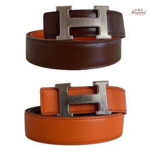 Authentic HERMES Havane Orange Leather Reversible 38mm Constance H Belt 76